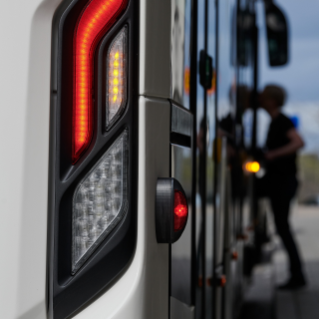 Bus from back with rear light in focus and one person entering the bus