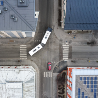 Aerial view of bus in city street